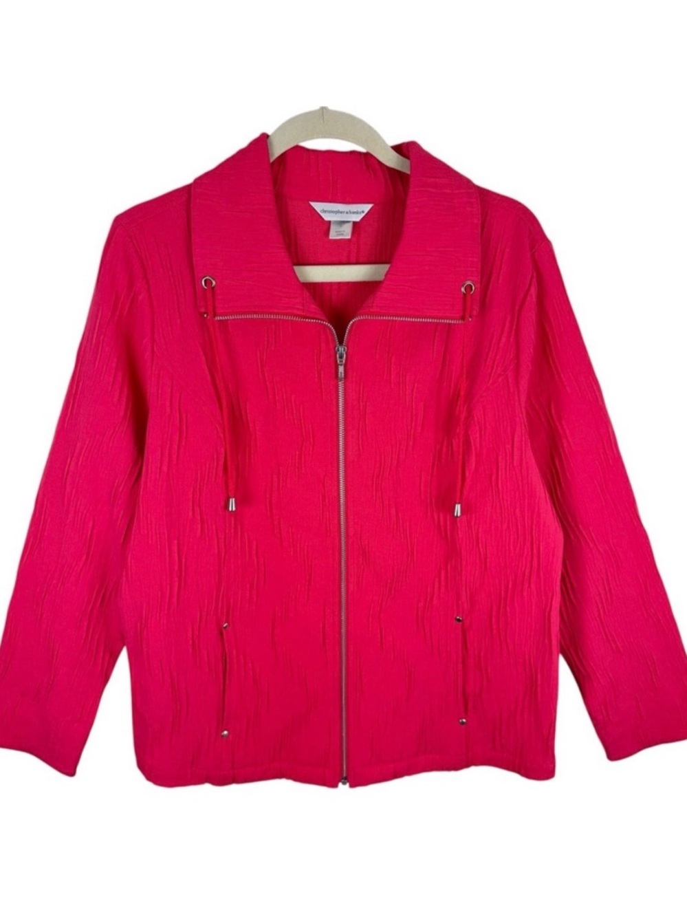 Christopher & Banks Bright Pink Textured Full Zip Collared Jacket Stretch Size L